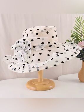 Polka Dot White Wide-Brim Church Hat with Decorative Bow